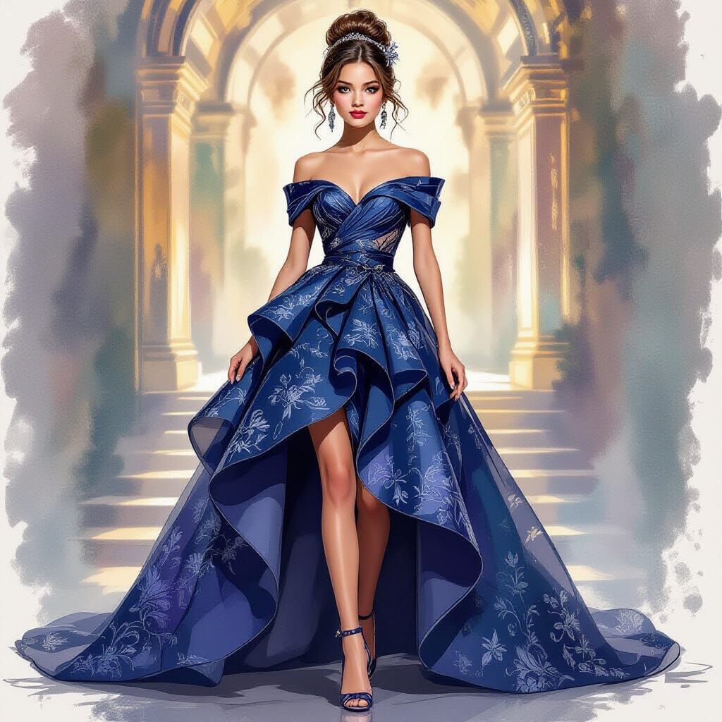 Elegant Fashion Sketch of a Woman in a Luxurious Dress