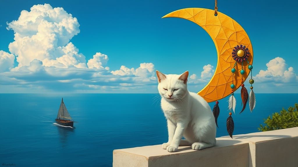 Dreamy Moonlit Scene with Girl and Cat