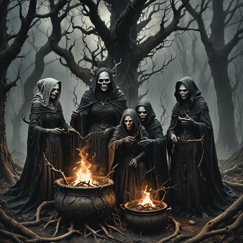 Wicked Crones Stir a Cauldron in Dark Fantasy Art