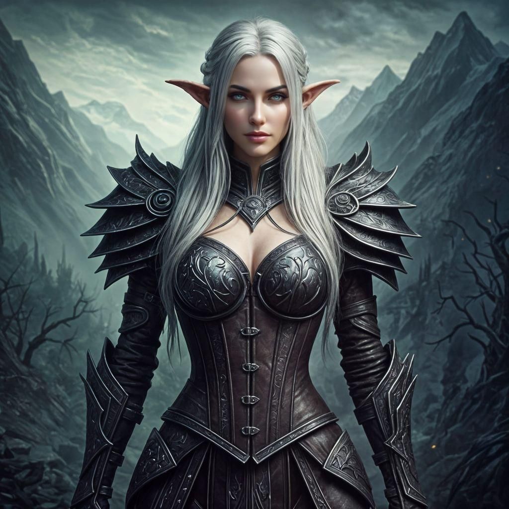 Epic Female Elf Warrior in Dark Leather Corset with Silver H...