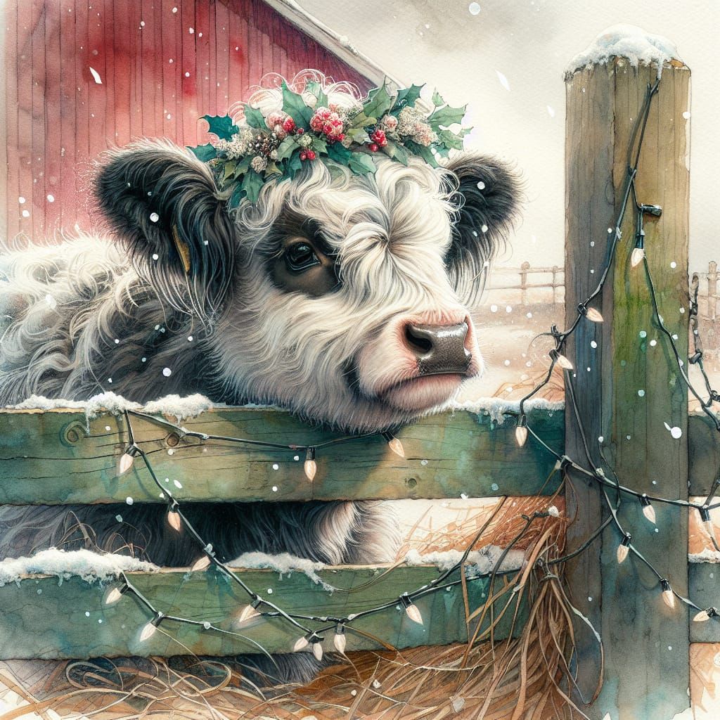 Fluffy Highland Cow with Christmas Flowers