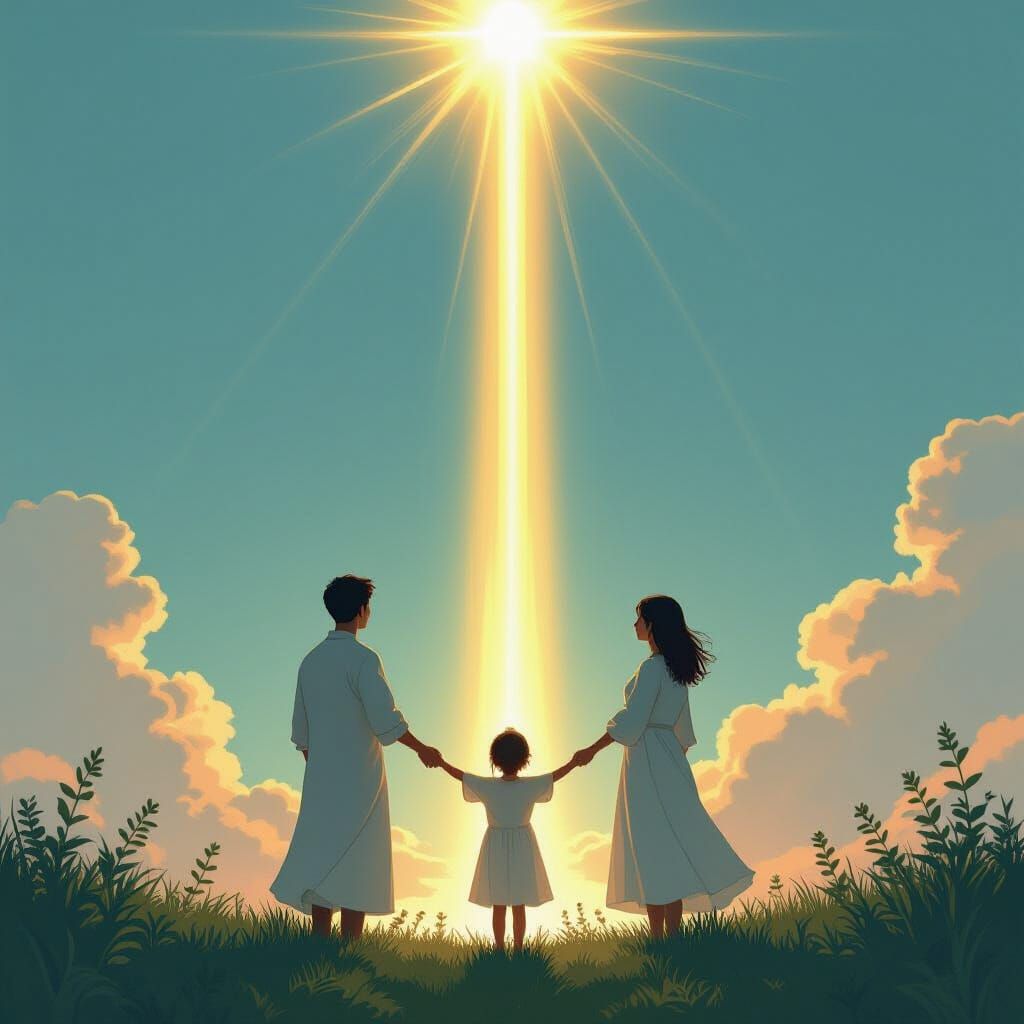 Mugwort Mysticism: Figures Embracing Light in Ethereal Scene