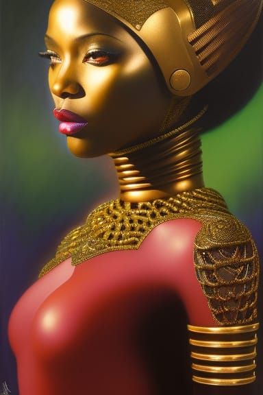 Cyberpunk Robot Girl in Afrofuturist Cityscape