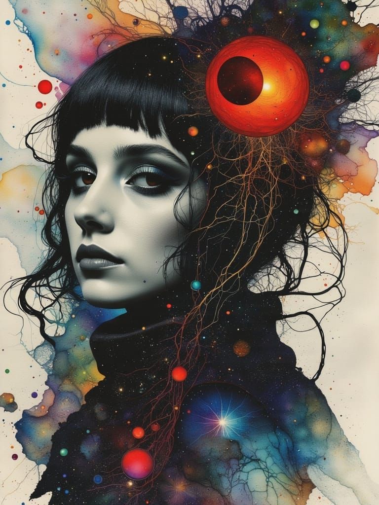 Gothic Woman Portrait in Watercolor Alcohol Ink Style