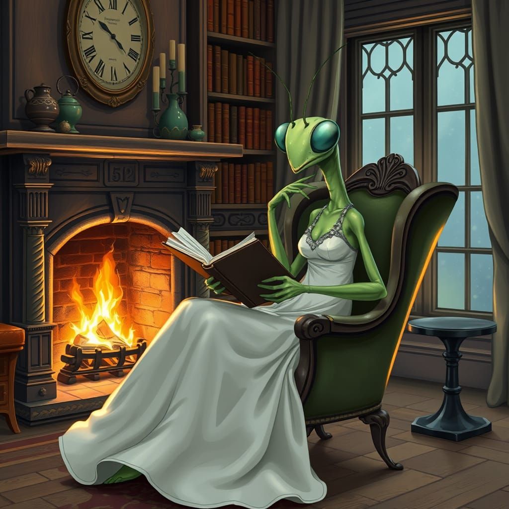 Anthropomorphic Mantis Reading by Fireplace