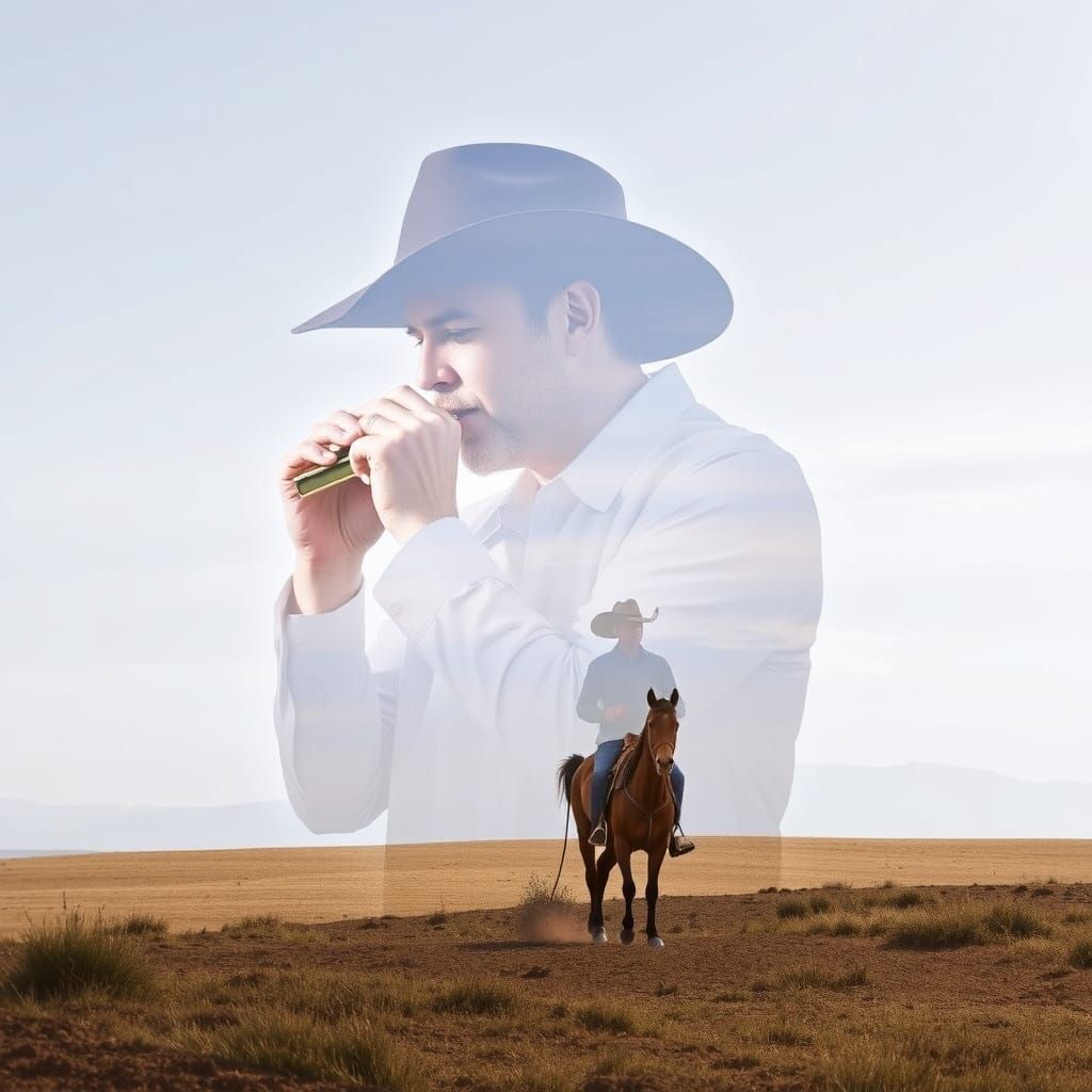 Harmonica Player with Cowboy Landscape Double Exposure