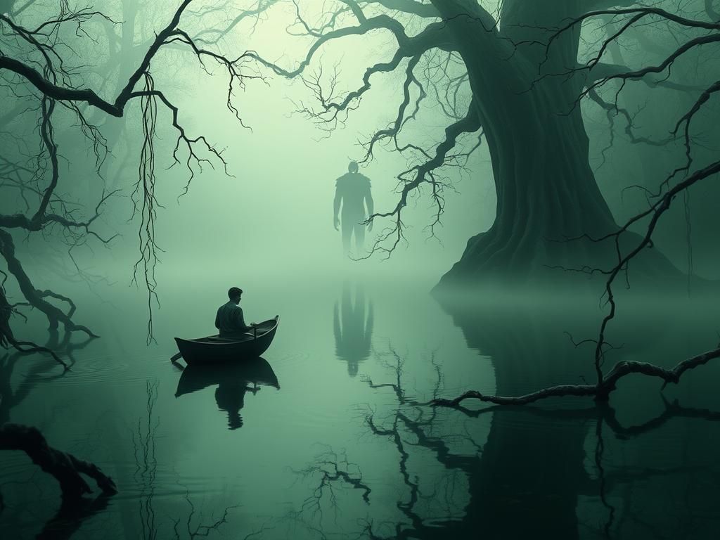 Eerie Swamp Scene with Ominous Figure in Digital Art