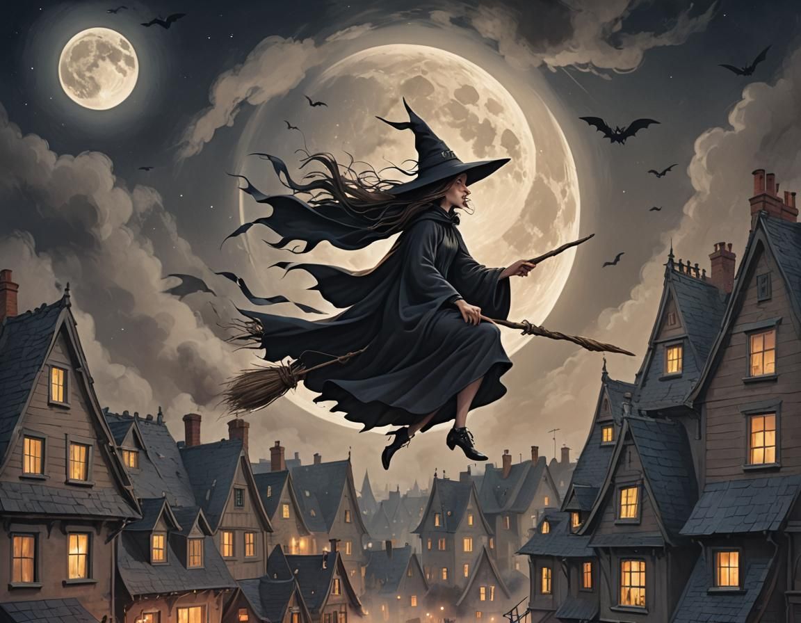 Witch Flying Over Town on Broomstick
