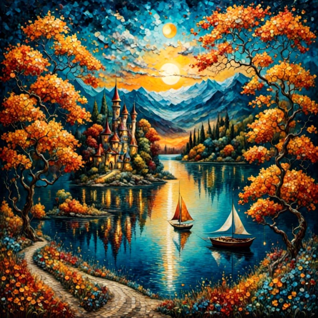 Serene Lakeside Sunset in Pop Surrealism Style
