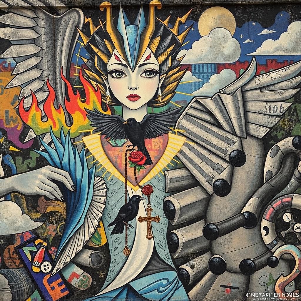 An artist creates  a Street art  graffiti mural Punk Faith, ...