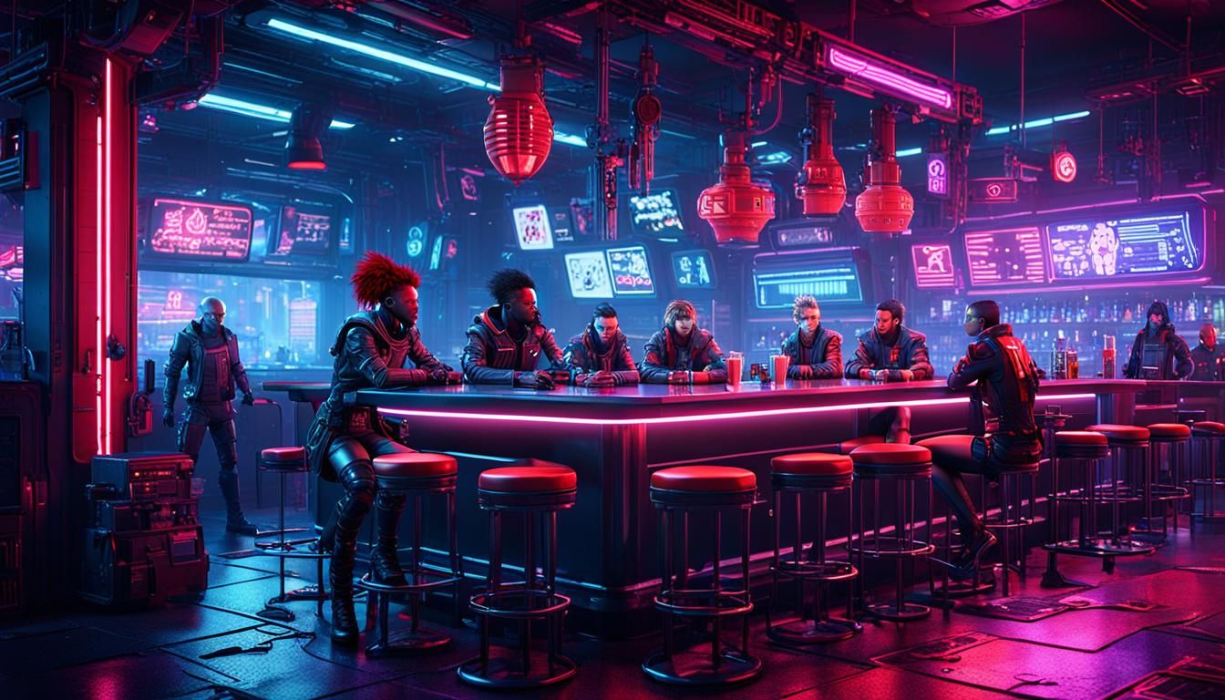 Cyberpunk Team Gathers in Neon Bar: 3D Render