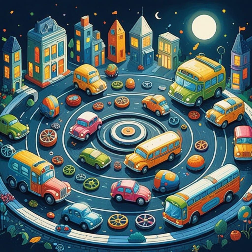Vibrant Whimsical Bus Illustration in a Lively Town