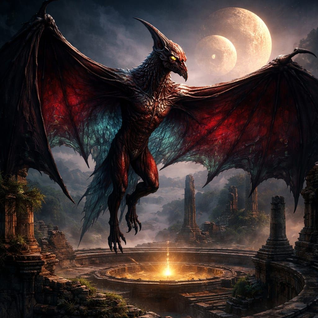 Alien Bat Hybrid Flies Over Ancient Ruins