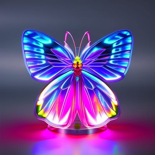 Neon Butterfly on Rose in Glass Vase