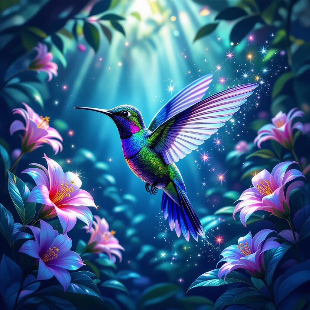 Crystal Hummingbird in Bioluminescent Rainforest, Hyperreali...