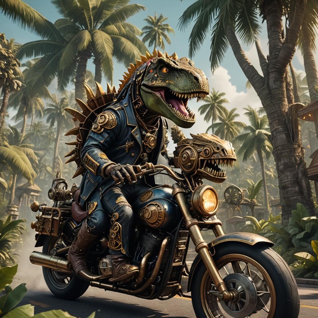 Steampunk T-Rex Rides Harley in Jungle