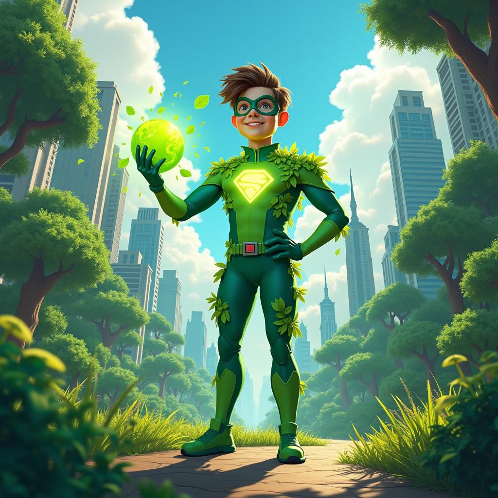 Green Superhero in Lush Cityscape, Fantasy Concept Art