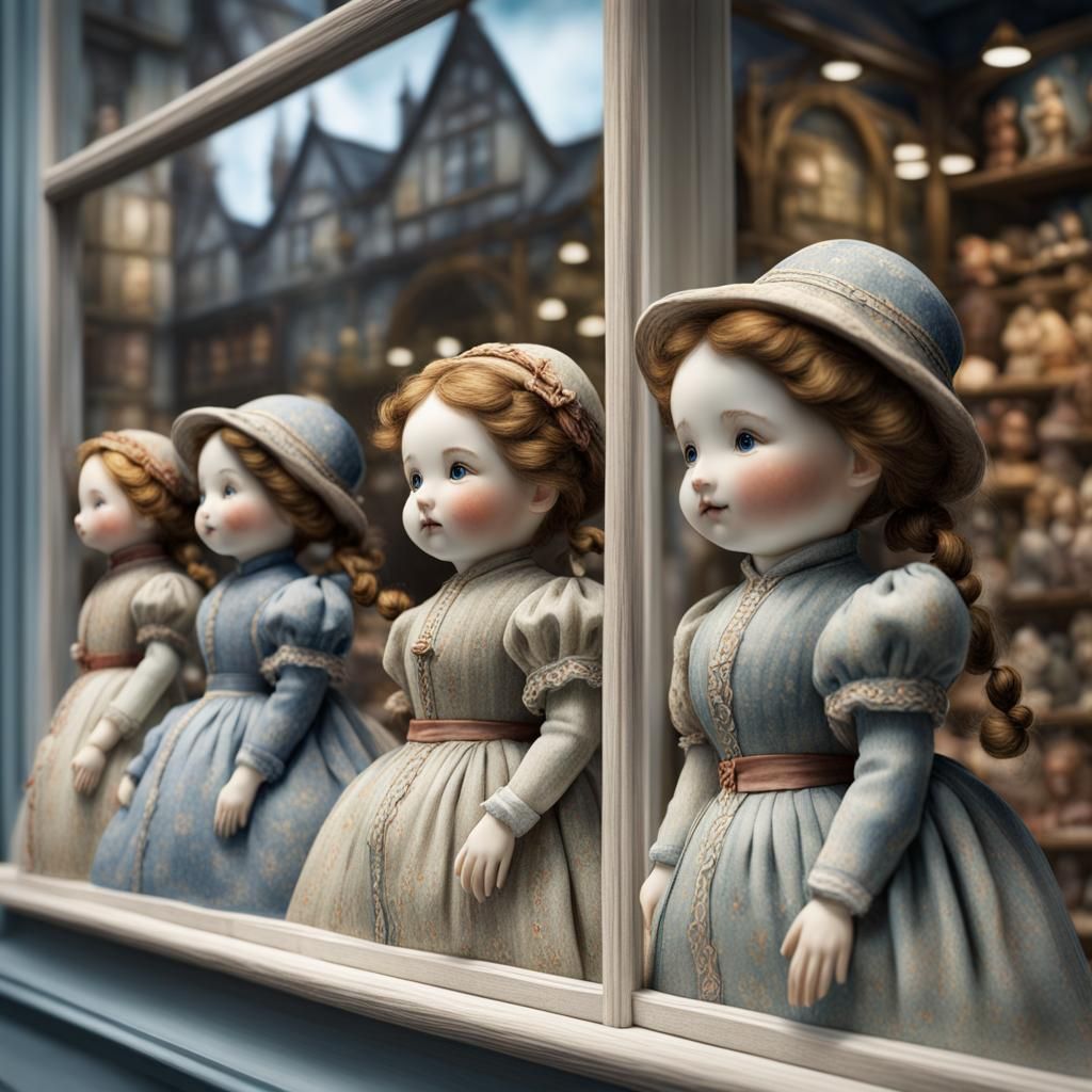 Watercolor Porcelain Dolls in Toy Store Window