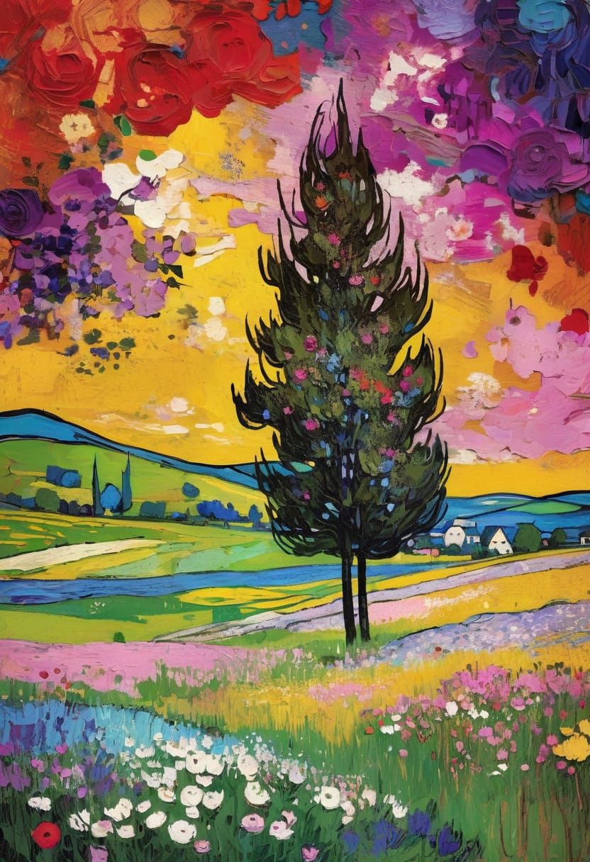 Vibrant Grunge Landscape in Pop Art Style