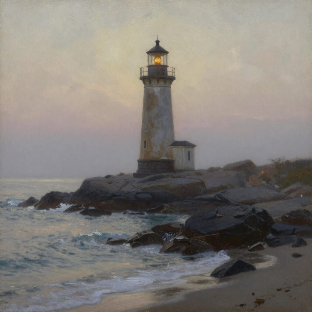 Misty Dawn Lighthouse on Rocky Outcrop in Moody Oil Painting...