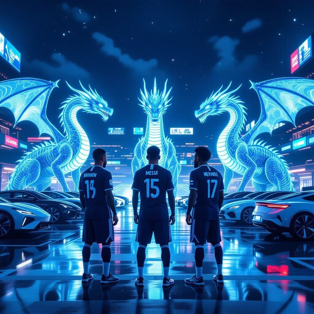 Futuristic Stadium Parking Lot With Dragons and Soccer Stars