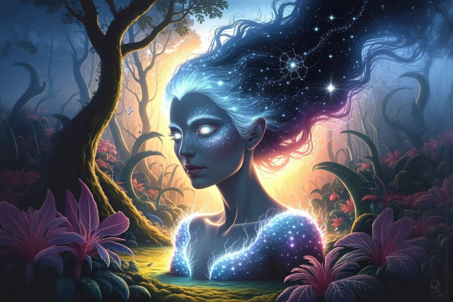 Ghostly Starlight Woman in Glowing Forest