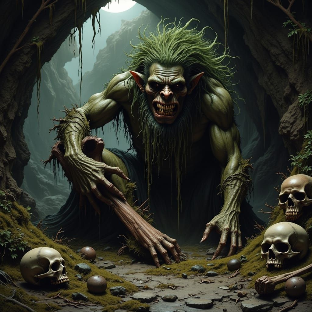 Colossal Troll in Dark Fantasy Cave Scene
