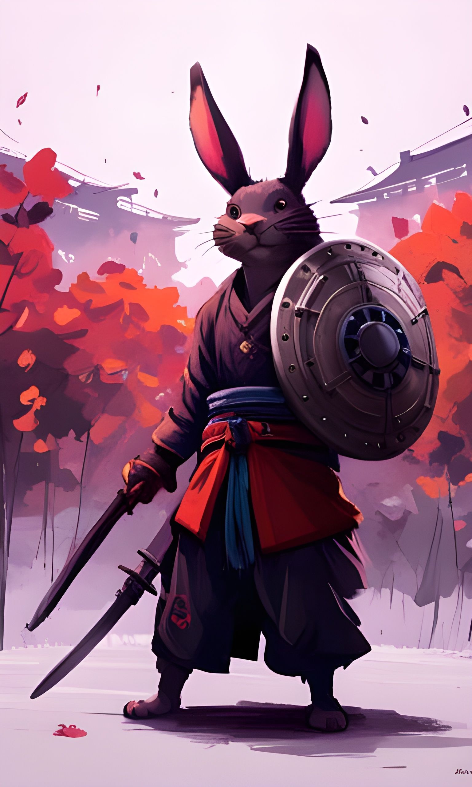 Rabbit Samurai with Katana and Shield