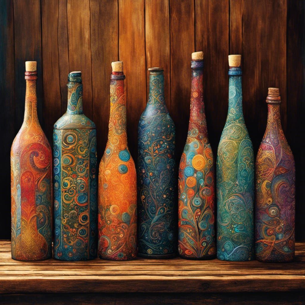 Colorful Patterned Bottles on Rustic Table