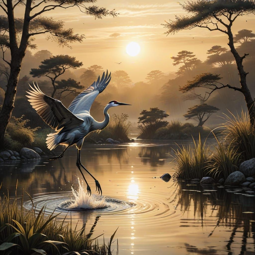 Japanese Ink Wash Crane Lands by Setting Sun