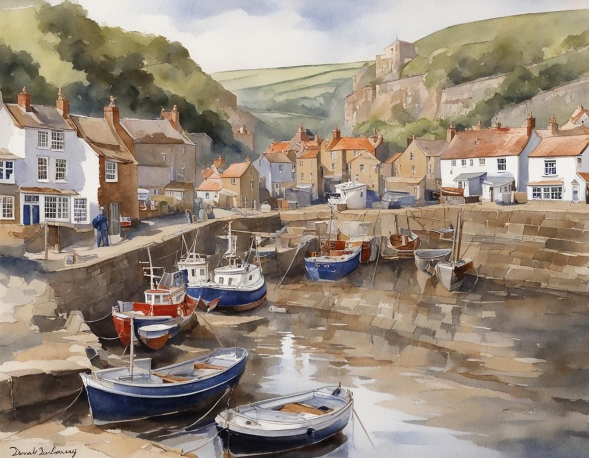 Staithes Harbour in Yorkshire: Watercolor Painting