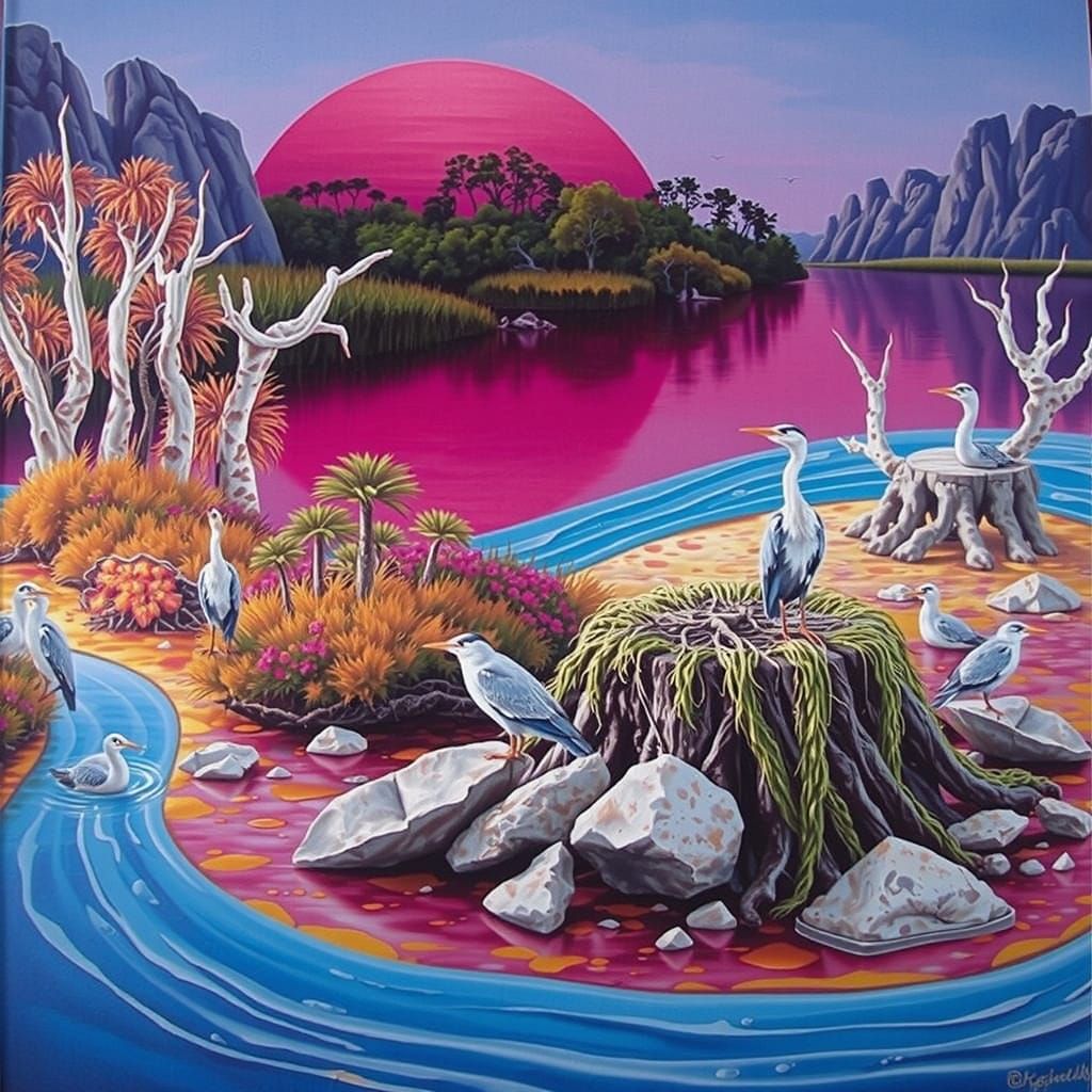 Radiant Sunset Over River Delta With Heron