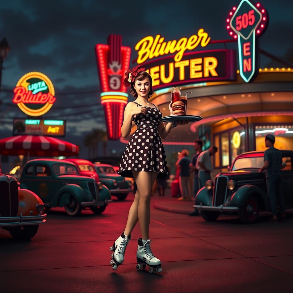 1950s Waitress at Diner in Digital Art Style