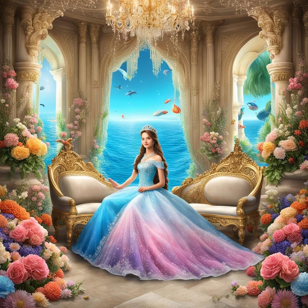 Underwater Princess and Prince on Throne, Digital Art