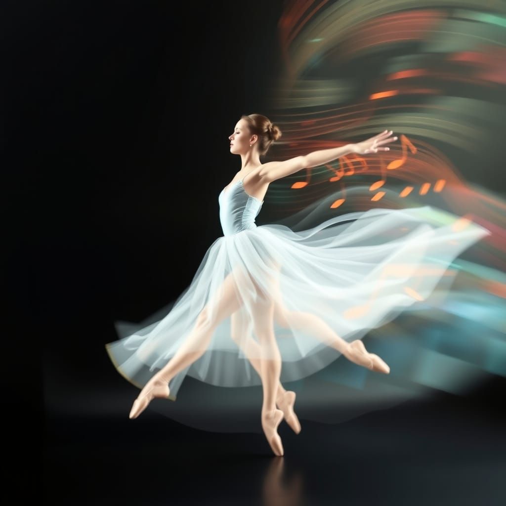 Ethereal Ballerina Dances Among Whirling Music Notes