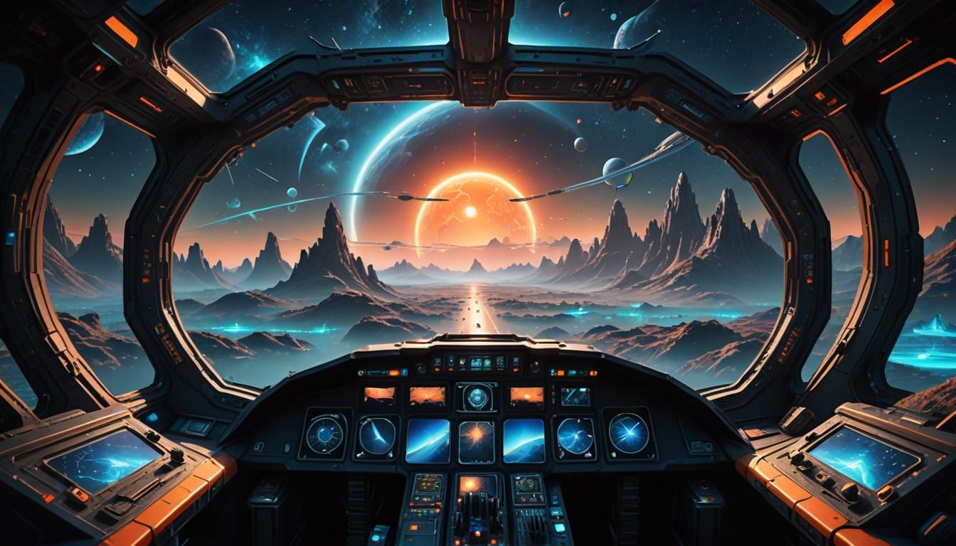 Spaceship Cockpit Reveals Alien Planet in Vibrant Sci-Fi Art