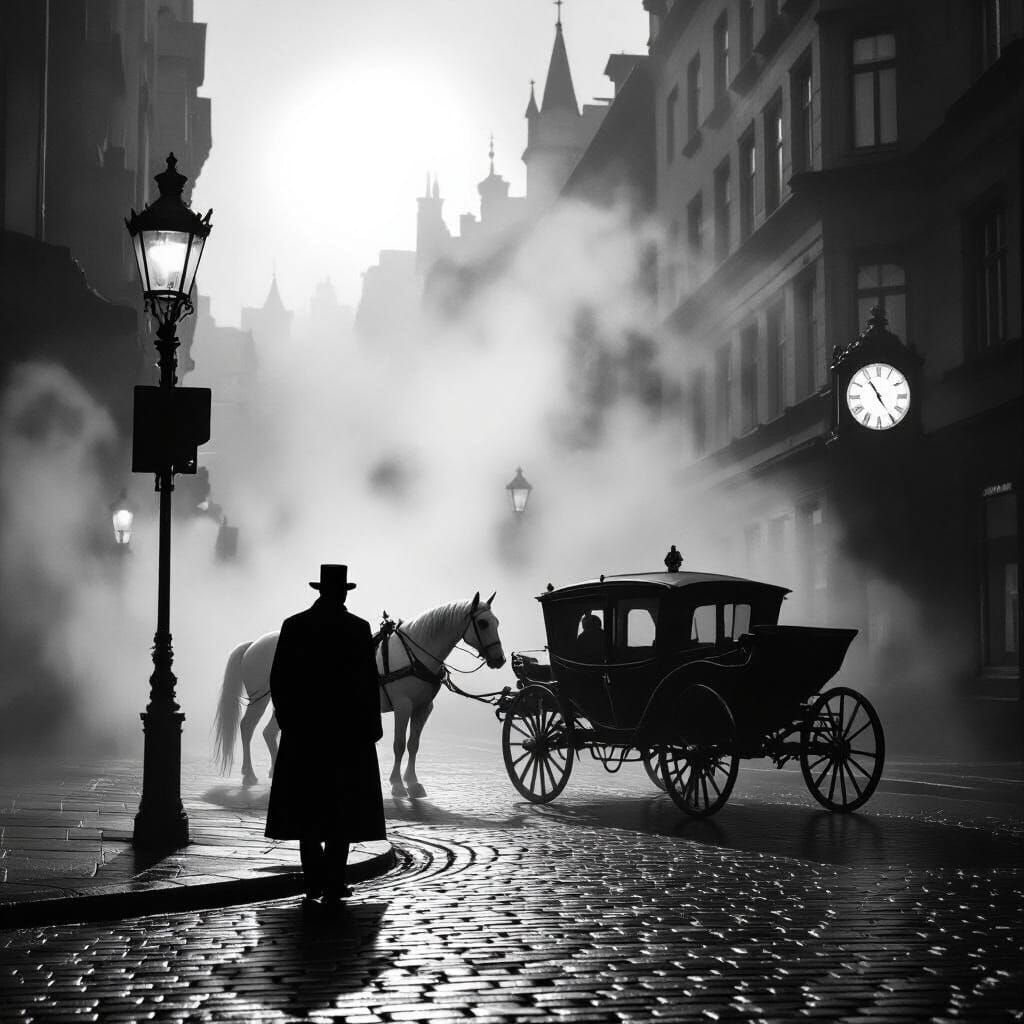 Neo-Noir Professor Confronts Ominous Hearse in Fog