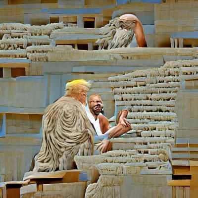 Trump and Socrates Debate at Parthenon in Hyperrealism