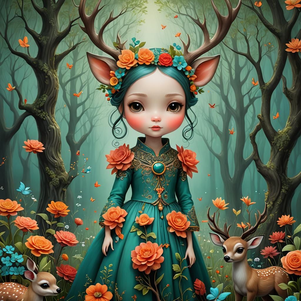 Whimsical Cartoon Character in Botanical Watercolor Style