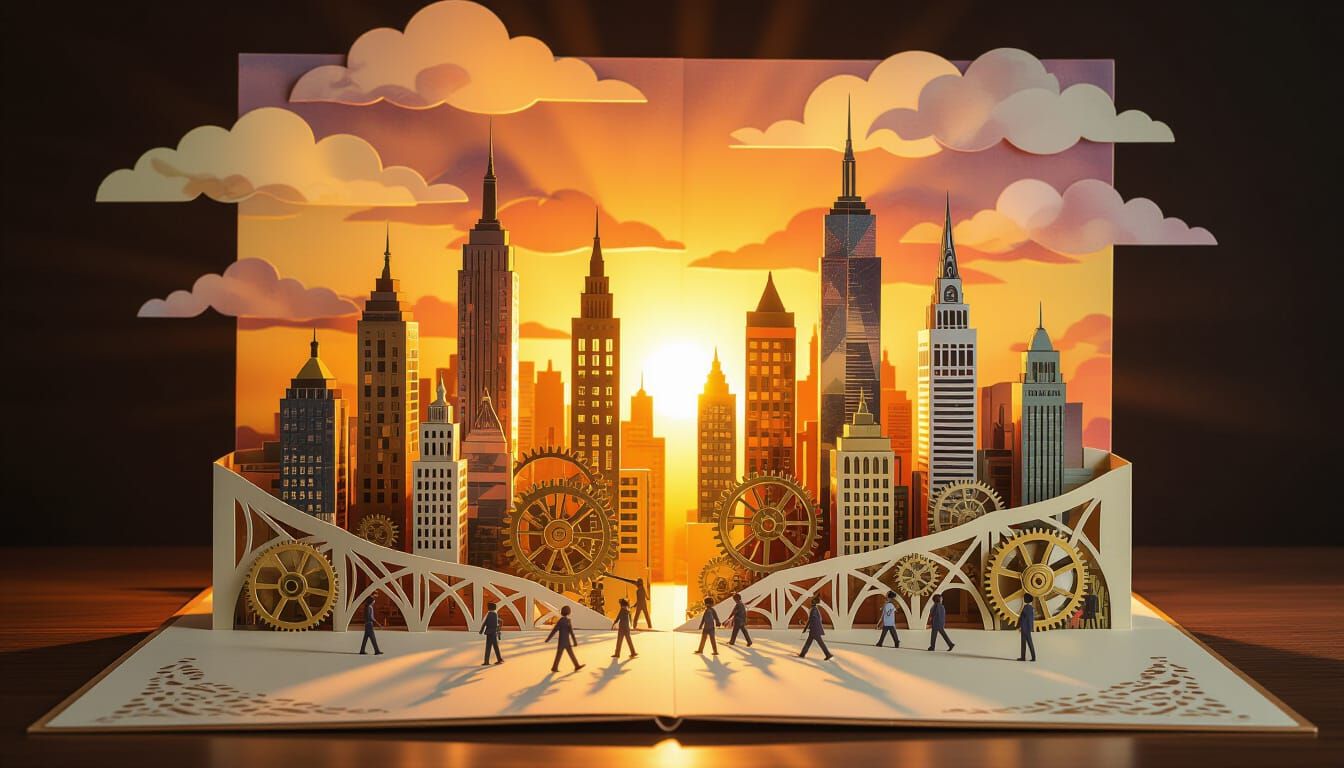 Dynamic Pop-Up Book Cityscape with Steampunk Elements