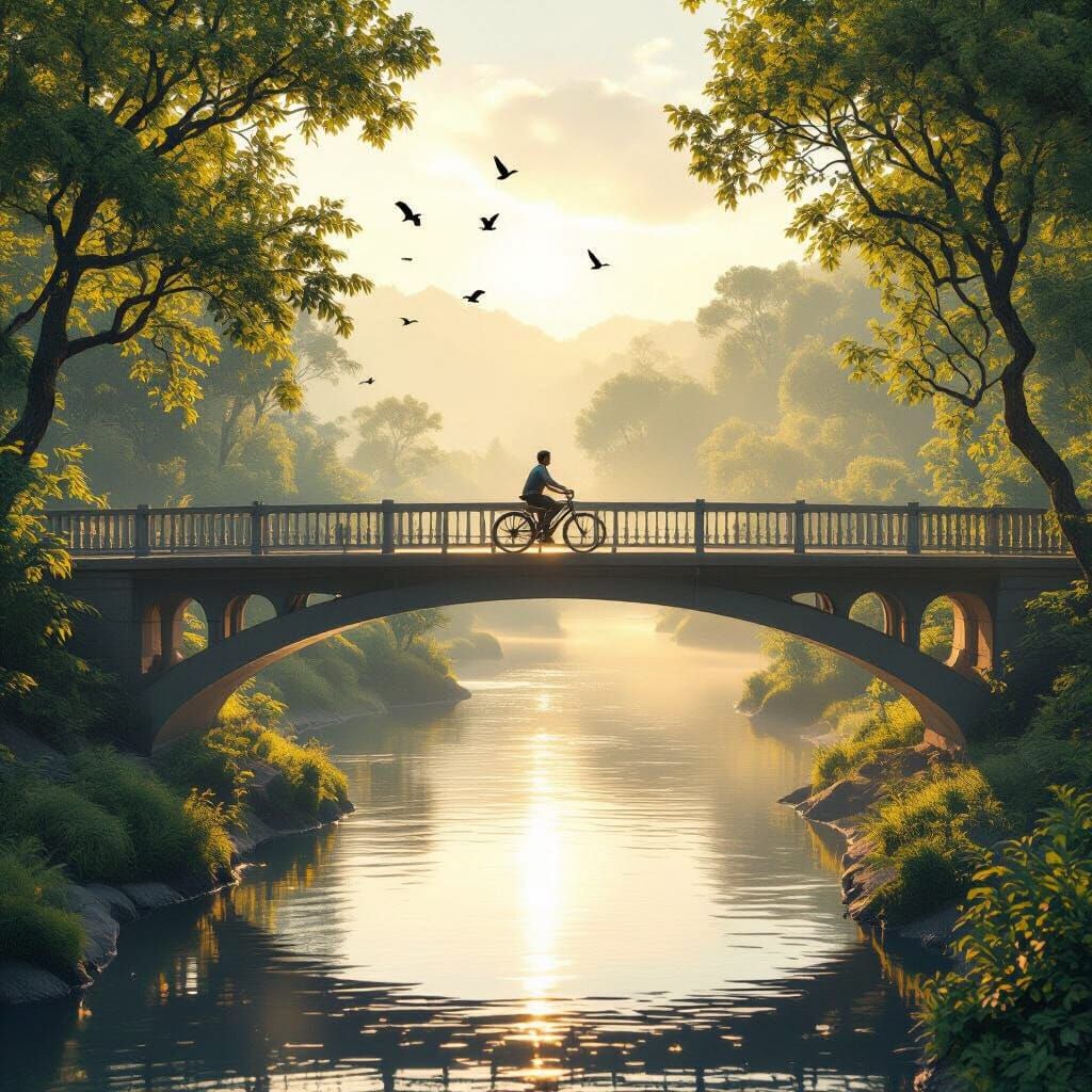 Man Cycling Over Elevated Bridge in Golden Morning Light