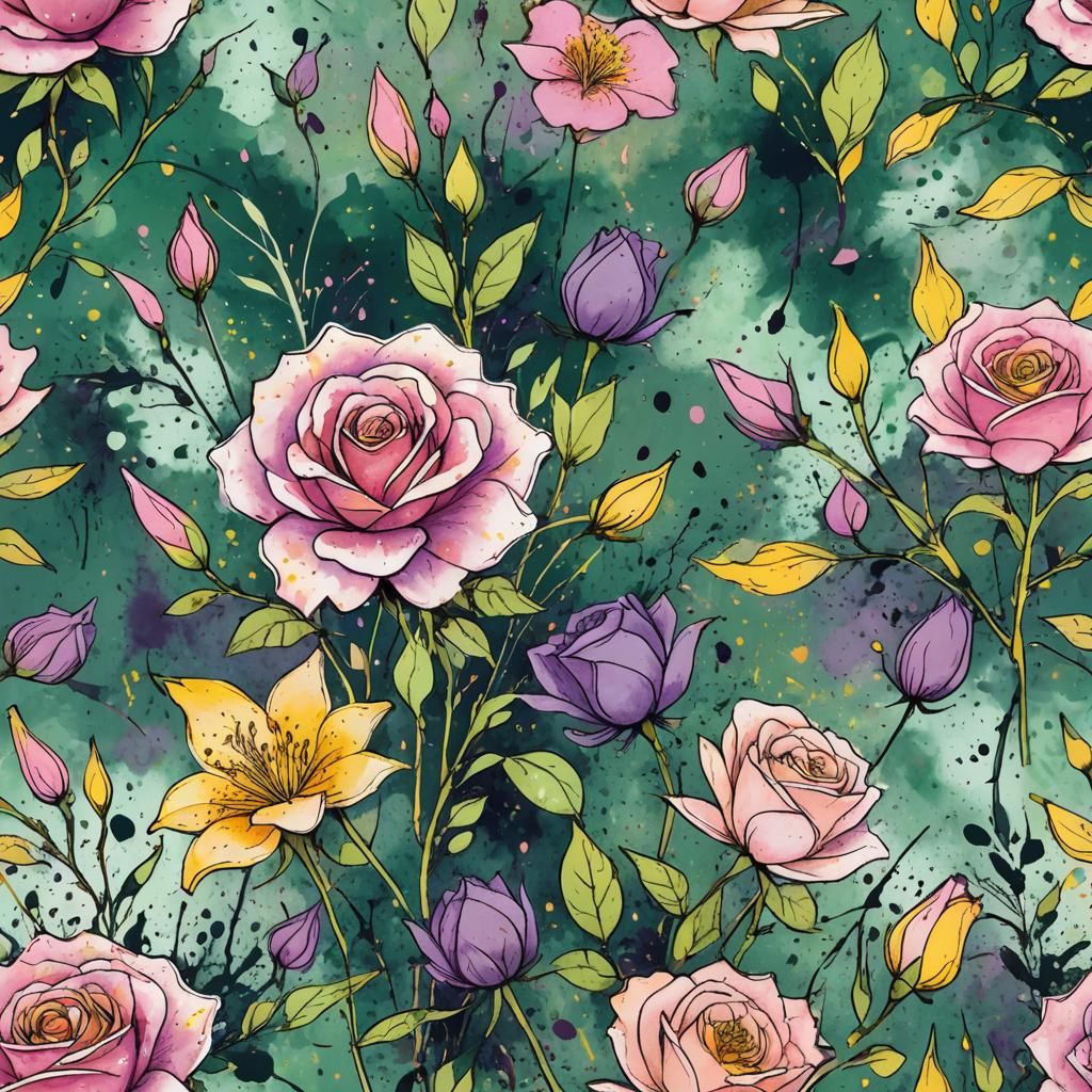 Floral Ink Splatter Illustration in Art Nouveau Style