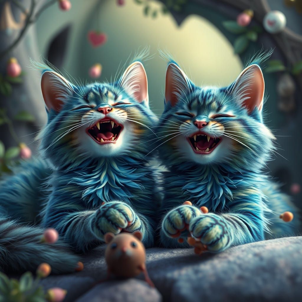 Mischievous Cats Catch Mouse in Whimsical Dreamworld