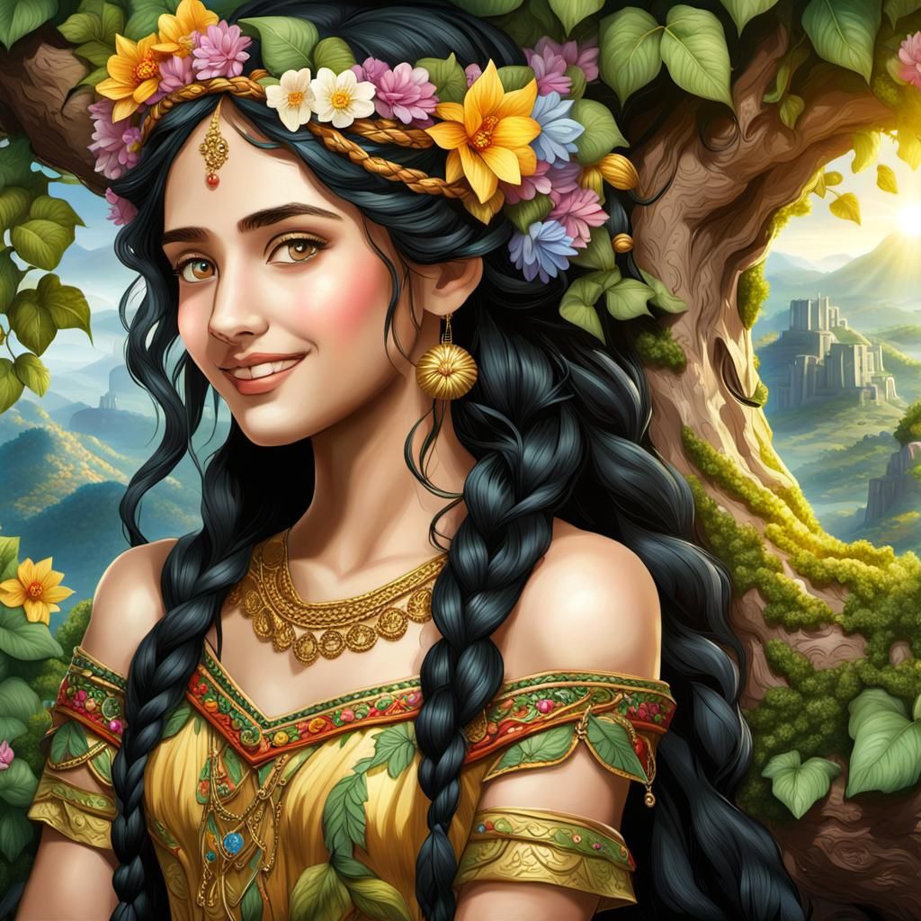 Forest Nymph with Flowers in Fantasy Art Style