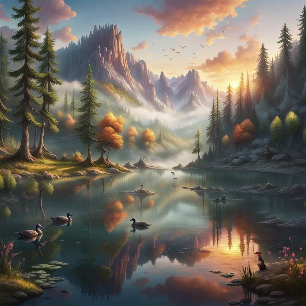 Colorful Sunset Reflection Over Mountain Lake