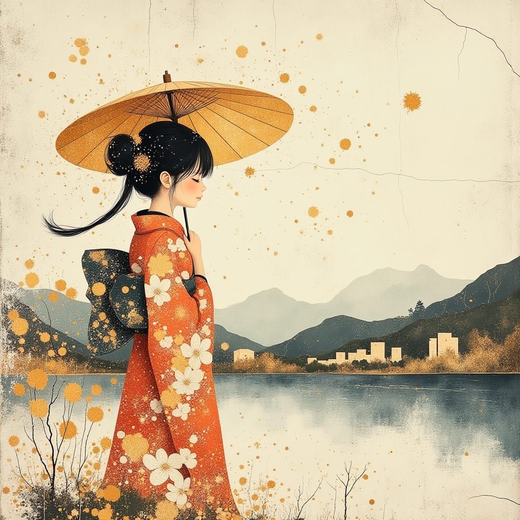 Japanese Girl in Kimono with Umbrella, Paper Art Style