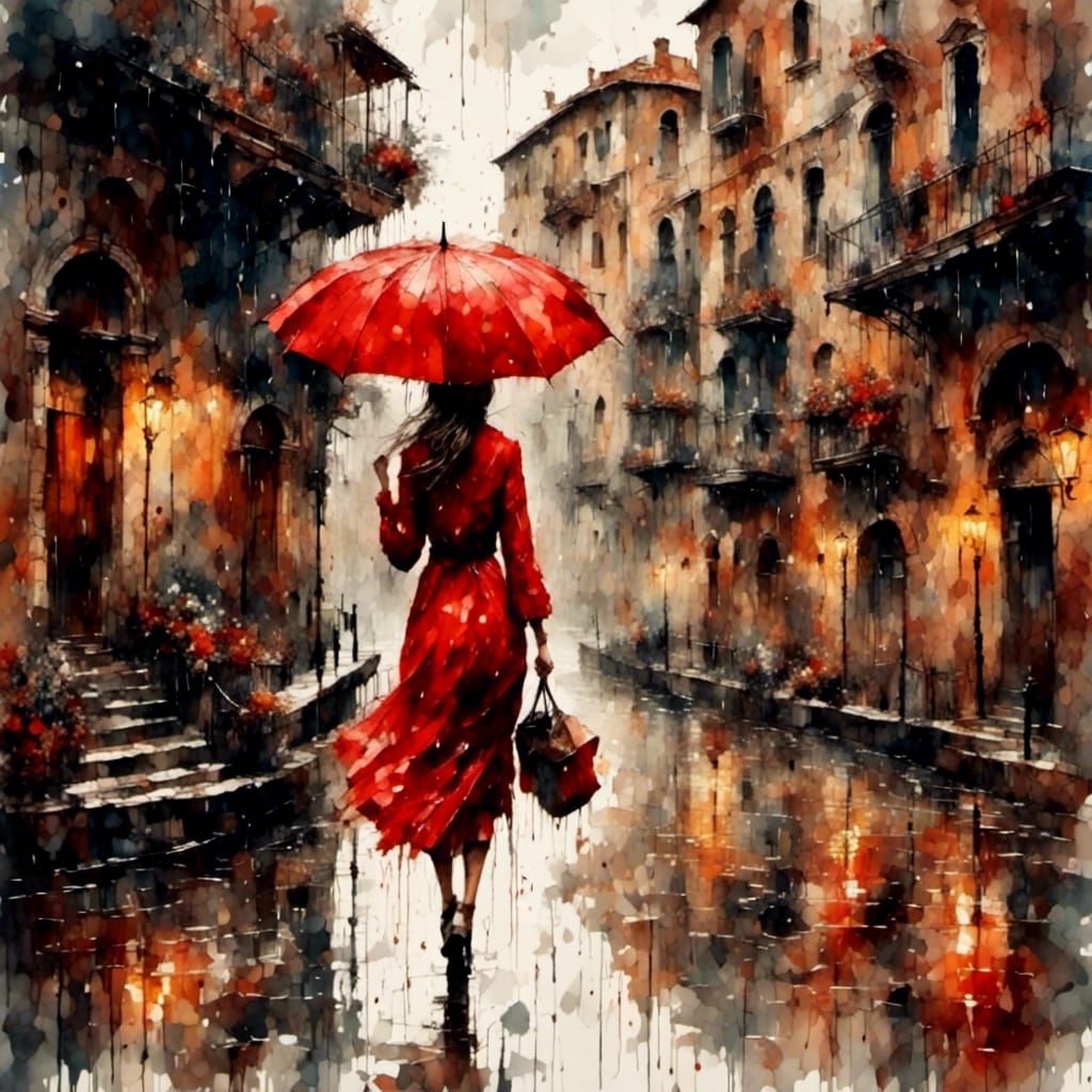 Rainy Day in Venice: Vintage Oil Painting