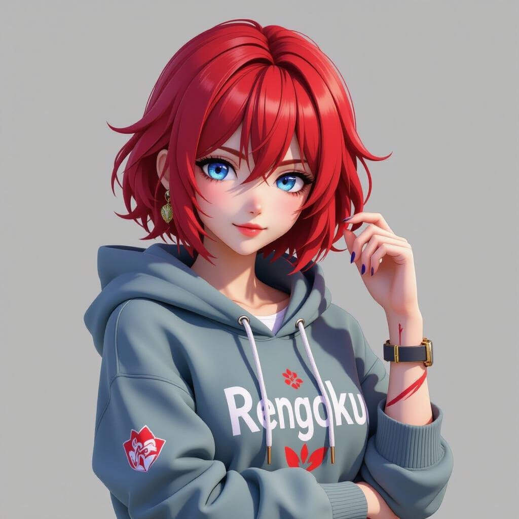 Red-Haired Woman in Rengoku Hoodie with Blue Eyes