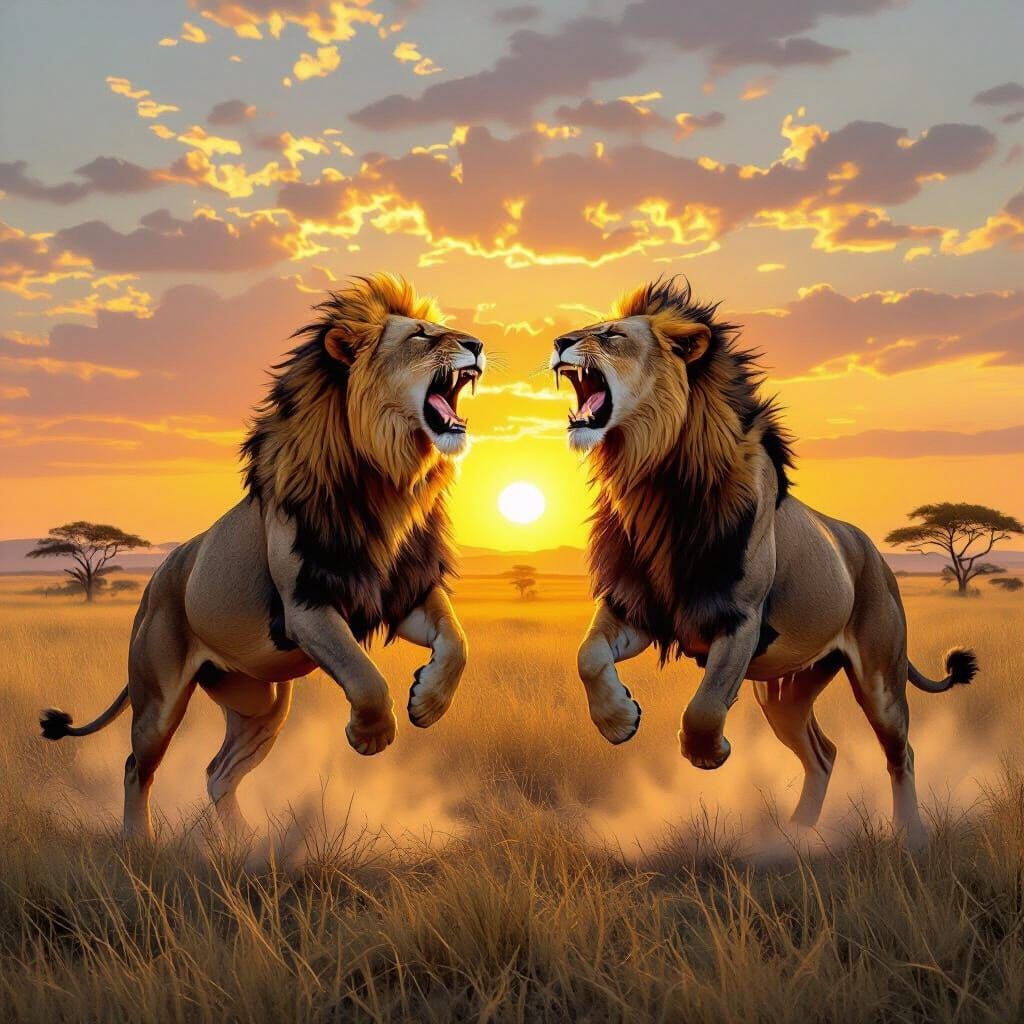 Two Lions Fighting in African Savanna at Sunset