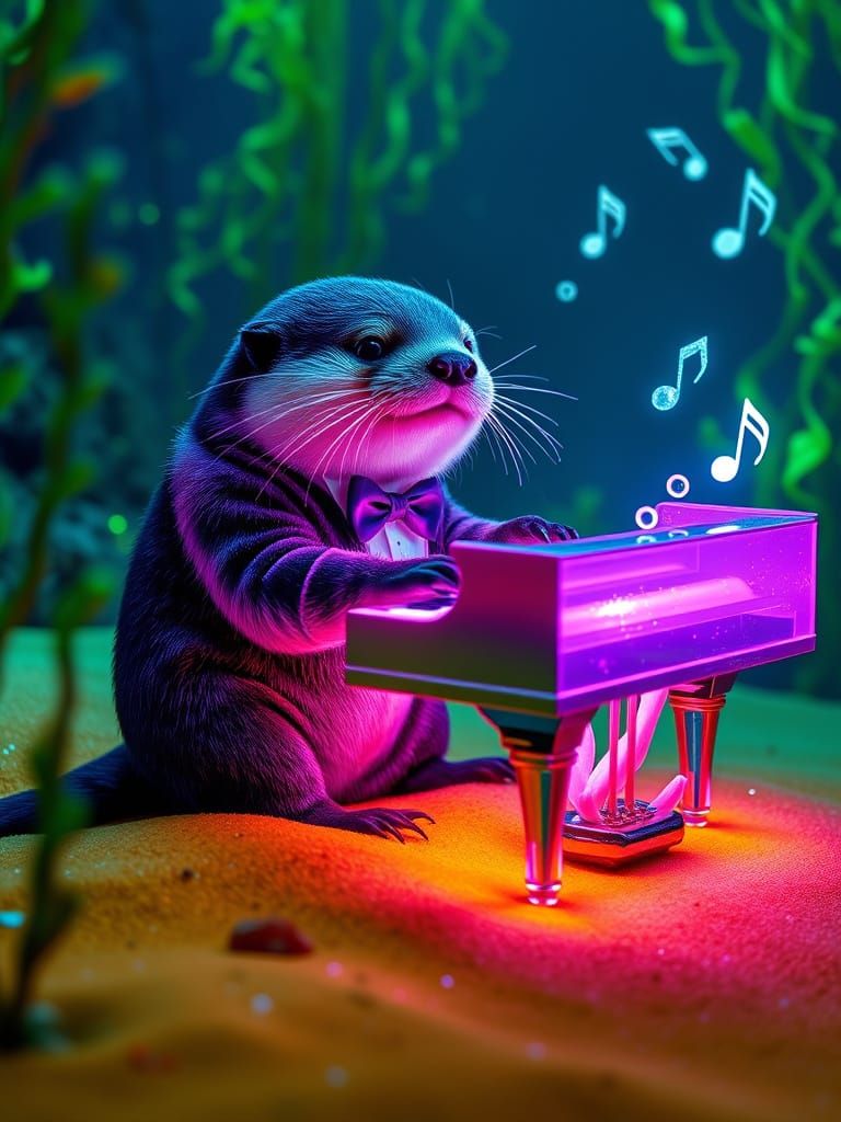 Glittering Sea Otter Plays Grand Piano Amidst Bioluminescent...
